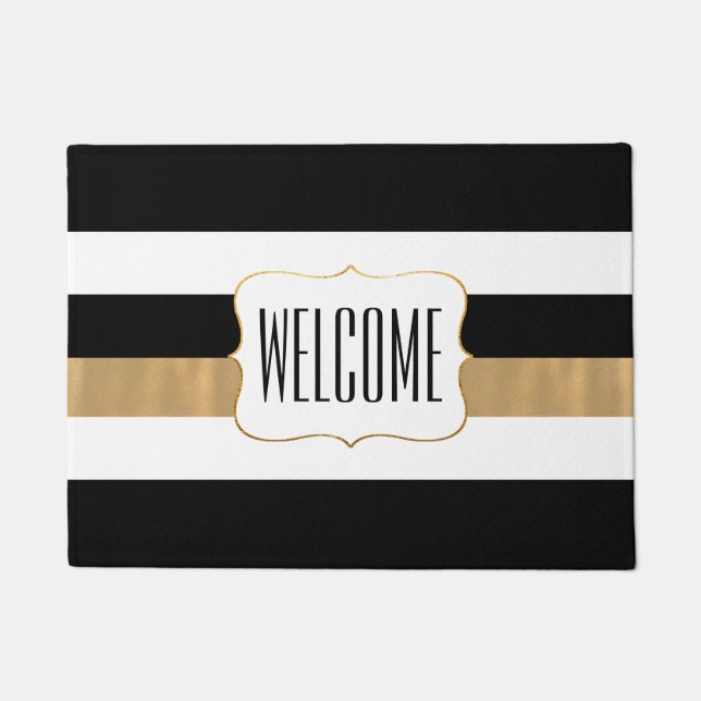 Stylish Black White and Gold Striped Door Mat (Front)