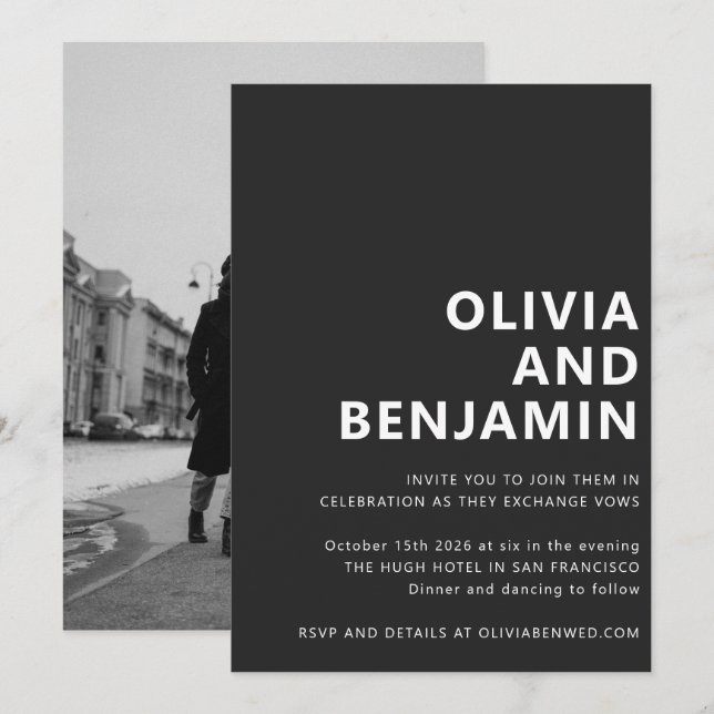 Stylish Black White Bold Typography Photo Wedding Invitation (Front/Back)