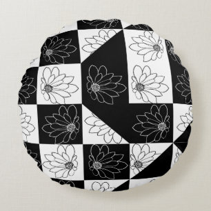 Stylish Black & White Chequered Floral Aesthetic Round Pillow
