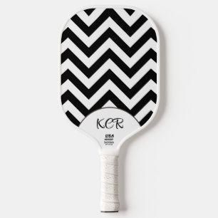 Stylish Black White Chevron Pattern Initials Pickleball Paddle