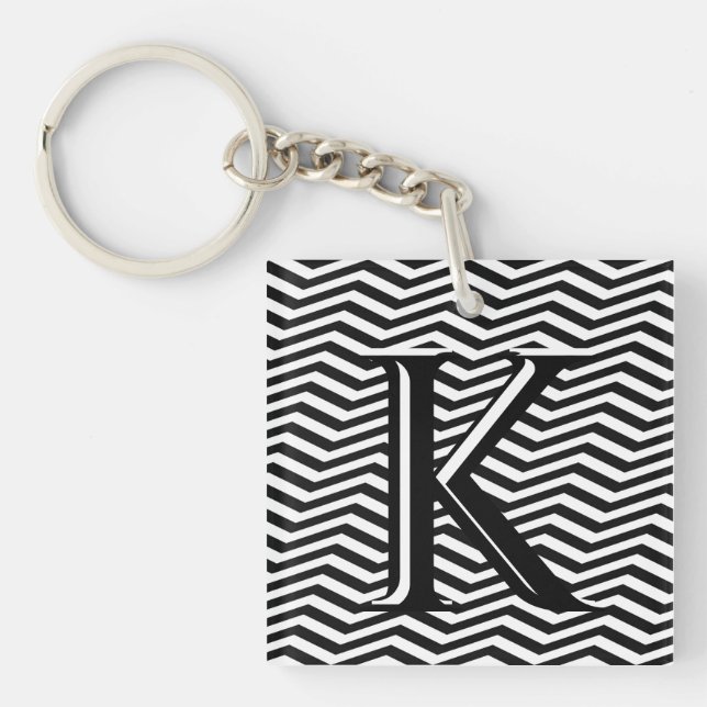 Stylish Black White Chevron Stripe Monogram Custom Keychain (Front)