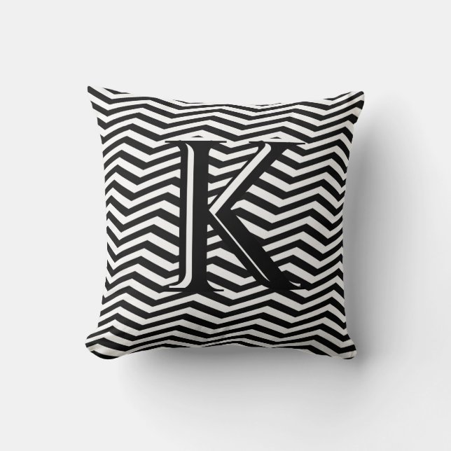 Stylish Black White Chevron Stripe Monogram Custom Throw Pillow (Front)
