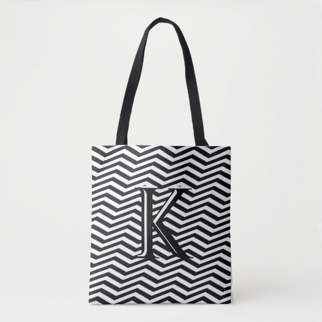 Stylish Black White Chevron Stripe Monogram Custom Tote Bag (Front)