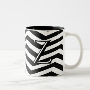 Stylish Black White Chevron Stripe Monogram Custom Two-Tone Coffee Mug