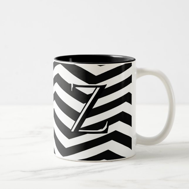 Stylish Black White Chevron Stripe Monogram Custom Two-Tone Coffee Mug (Right)