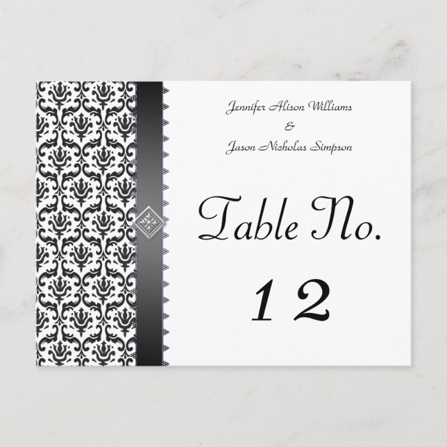 Stylish Black & White Damask Custom Table Number Postcard (Front)