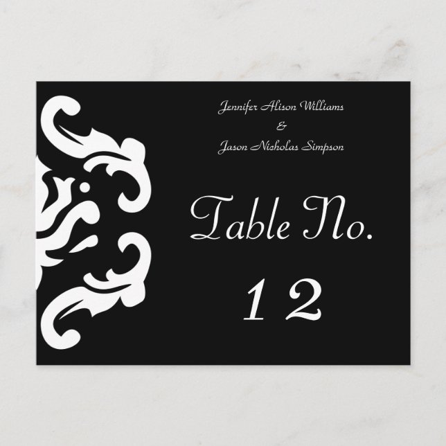 Stylish Black & White Damask Custom Table Number Postcard (Front)