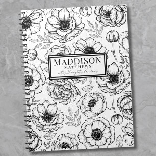 Stylish Black White Floral Personalized Name Notebook