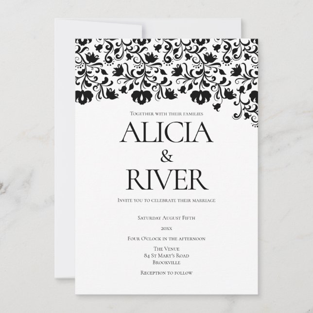 Stylish Black & White Floral Wedding Invitation (Front)