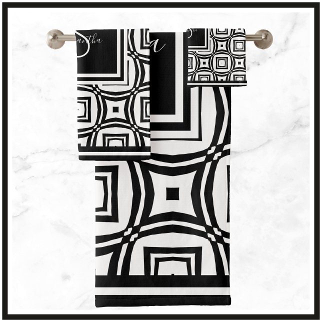 Stylish Black & White Geometric Pattern Monogram Bath Towel Set (Creator Uploaded)
