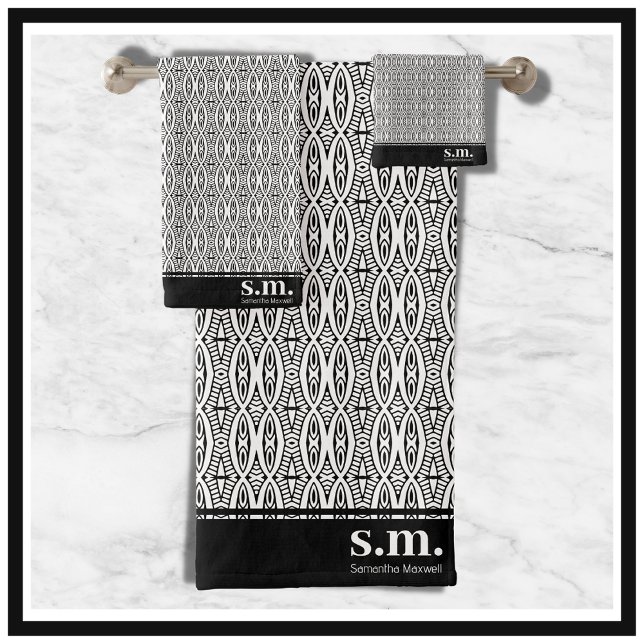Stylish Black & White Geometric Pattern Monogram Bath Towel Set (Creator Uploaded)