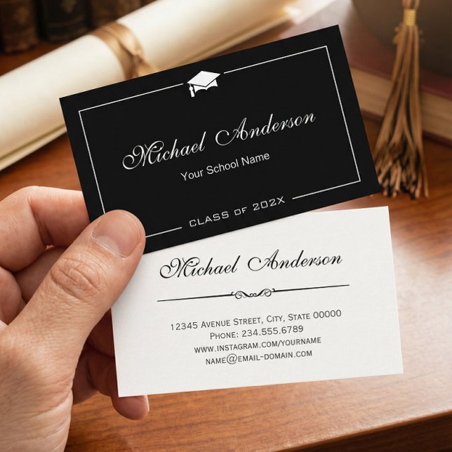 Stylish Black White Grad Cap Graduation Name Card (Creator Uploaded)