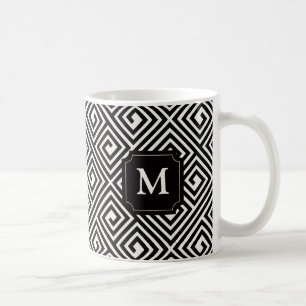 Stylish Black & White Greek Key Pattern Monogram Coffee Mug