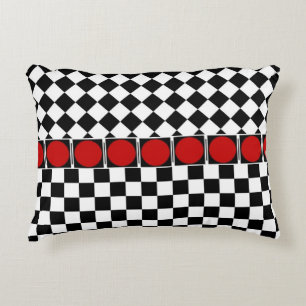 Stylish Black White Half Diamond Checkers red band Accent Pillow