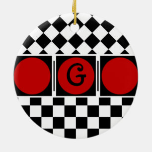 Stylish Black White Half Diamond Checkers red band Ceramic Ornament
