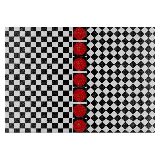 Stylish Black White Half Diamond Checkers red band Cutting Board (Front)