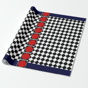 Stylish Black White Half Diamond Checkers red band Wrapping Paper