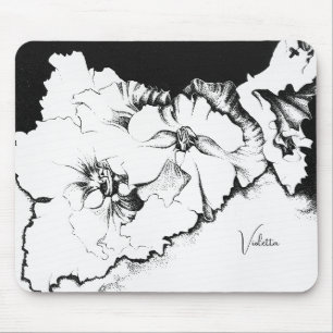 Stylish Black & White Original Stipple Art Floral Mouse Pad