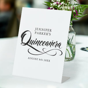 Stylish Black White Quinceanera Calligraphy Script Pedestal Sign