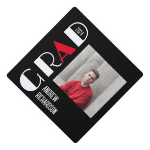 Stylish black white red Bold photo Graduation Cap Topper