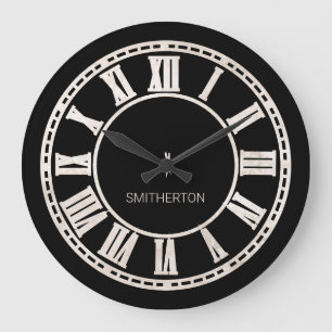 Stylish Black White Roman Numerals Name Large Clock