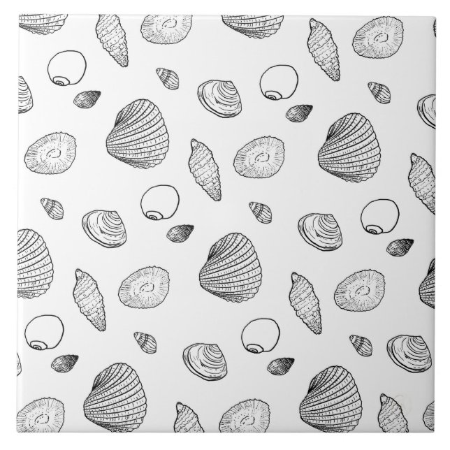 Stylish Black White Seashells Pattern Tile (Front)