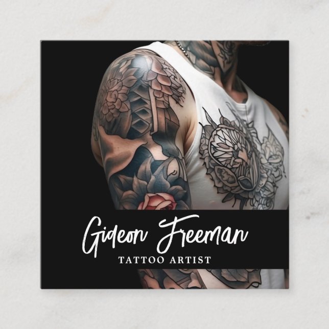 Stylish Black & White Tattooed Arm Tattoo Artist Square Business Card (Front)