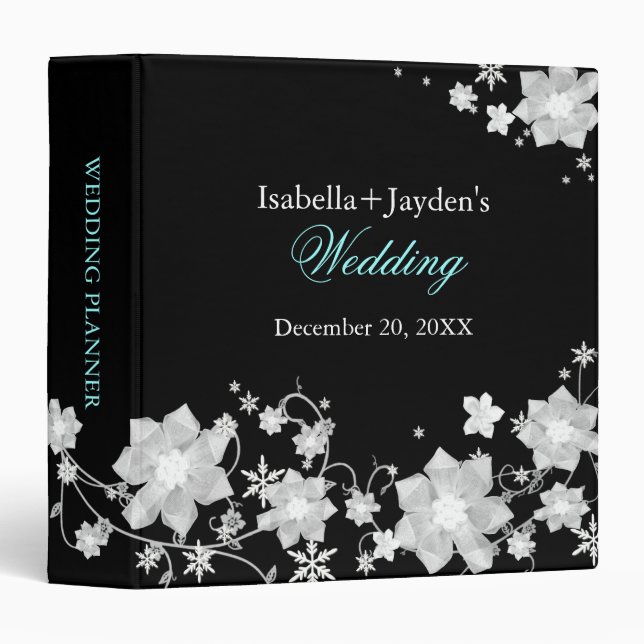 Stylish Black & White Winter Wedding Planner Binder (Front/Spine)