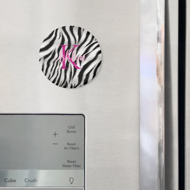 Stylish Black White Zebra Animal Pink Monogram Magnet (In Situ (Fridge))