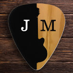 stylish black / wood guitar pick for the guitarist<br><div class="desc">Personalized and rustic design for the guitarist of the band. A stylish suggestion to self-promote the guitar-player.  Your name,  or band-name,  on back side & initials on front side</div>