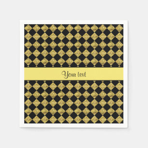 Stylish Black & Yellow Glitter Checkers Napkin