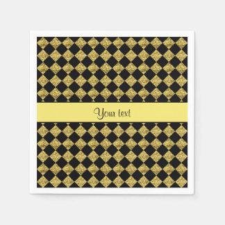 Stylish Black & Yellow Glitter Checkers Napkin