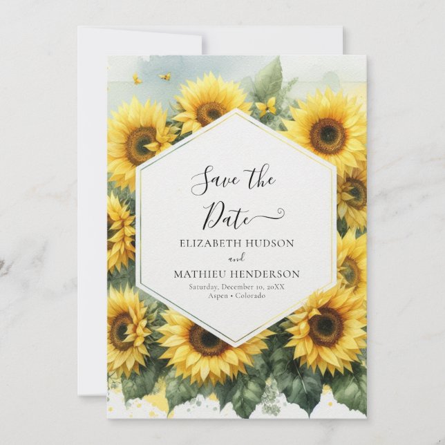 Stylish Bloom Sunflower Wedding Save The Date (Front)
