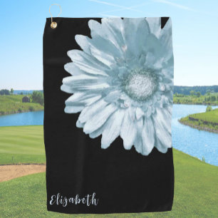 Stylish blue and black daisy custom name floral golf towel