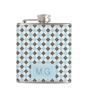 Stylish Blue and Brown Argyle Pattern Monogram Hip Flask