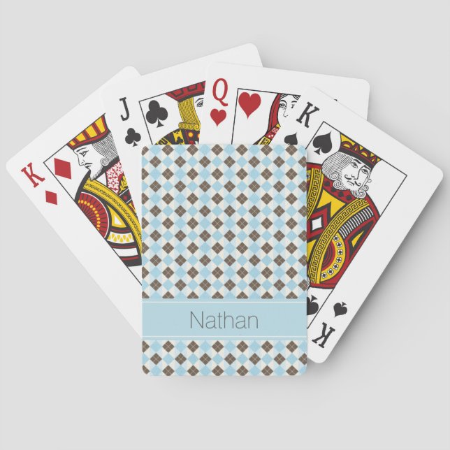 Stylish Blue and Brown Argyle Pattern Monogram Playing Cards (Back)