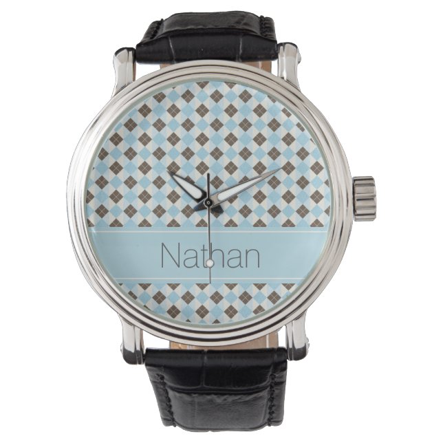Stylish Blue and Brown Argyle Pattern Personalised Watch (Front)