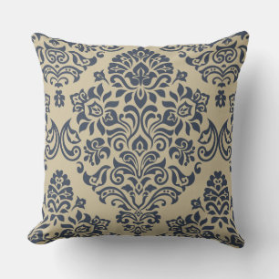 Stylish Blue and Cream Damask Pattern Throw Pillow