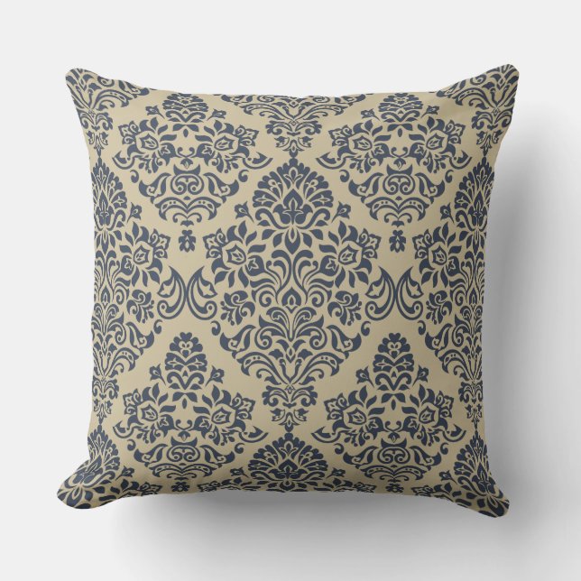 Stylish Blue and Cream Damask Pattern Throw Pillow (Front)