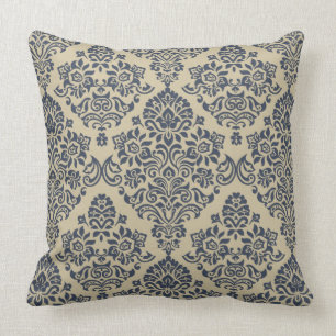 Stylish Blue and Cream Damask Pattern Throw Pillow