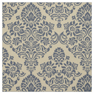 Stylish Blue and Cream Seamless Damask Pattern Fabric