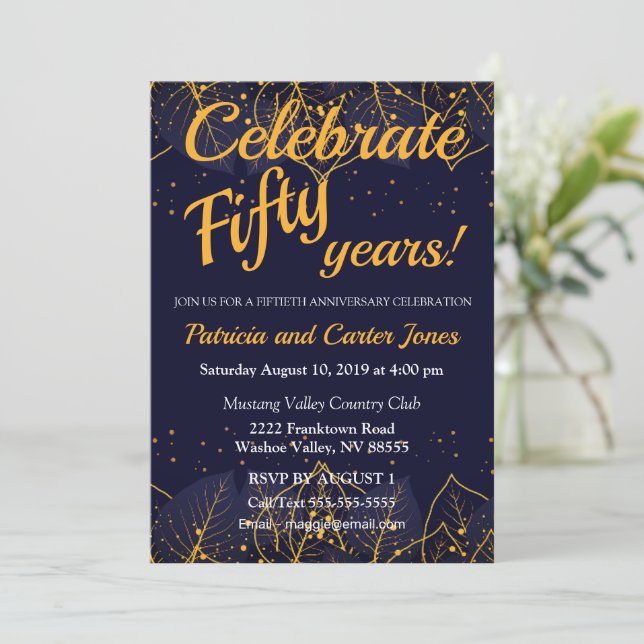 Stylish Blue and Gold 50th Anniversary Invitation (Standing Front)