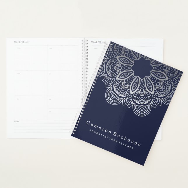 Stylish Blue and Silver Yoga Teacher Notebook Planner (Display)