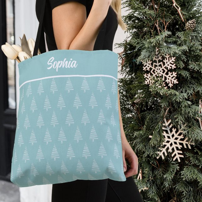 Stylish Blue And White Christmas Tree Pattern Tote Bag (Stylish Blue And White Christmas Tree Pattern Tote Bag)
