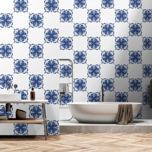 Stylish Blue and White Floral Mediterranean Tile  Wallpaper