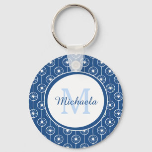 Stylish Blue and White Hearts Monogram With Name Keychain