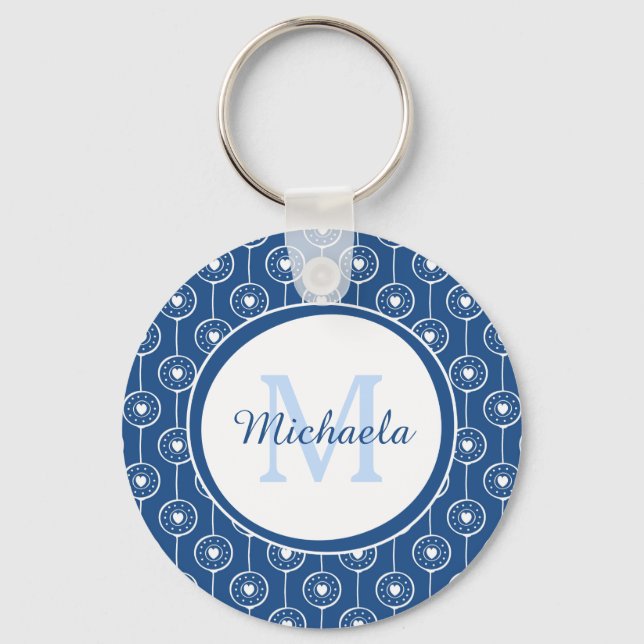 Stylish Blue and White Hearts Monogram With Name Keychain (Front)
