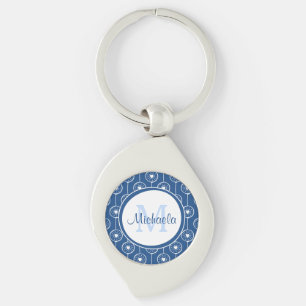 Stylish Blue and White Hearts Monogram With Name Keychain