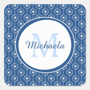 Stylish Blue and White Hearts Monogram With Name Square Sticker