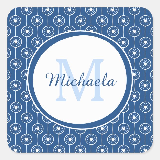 Stylish Blue and White Hearts Monogram With Name Square Sticker (Front)